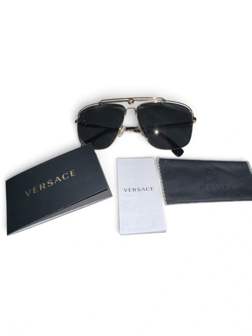 VERSACE VE2242 Gold Aviator Sunglasses Dark Grey Lens NIB NWT Complete Set